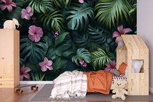 Load image into Gallery viewer, 3D Texture Tropical Jungle Floral Wallpaper – Botanical Leaf Wall Mural – Pink Hibiscus Peel and Stick Wallpaper – Exotic Plant Wall Decor