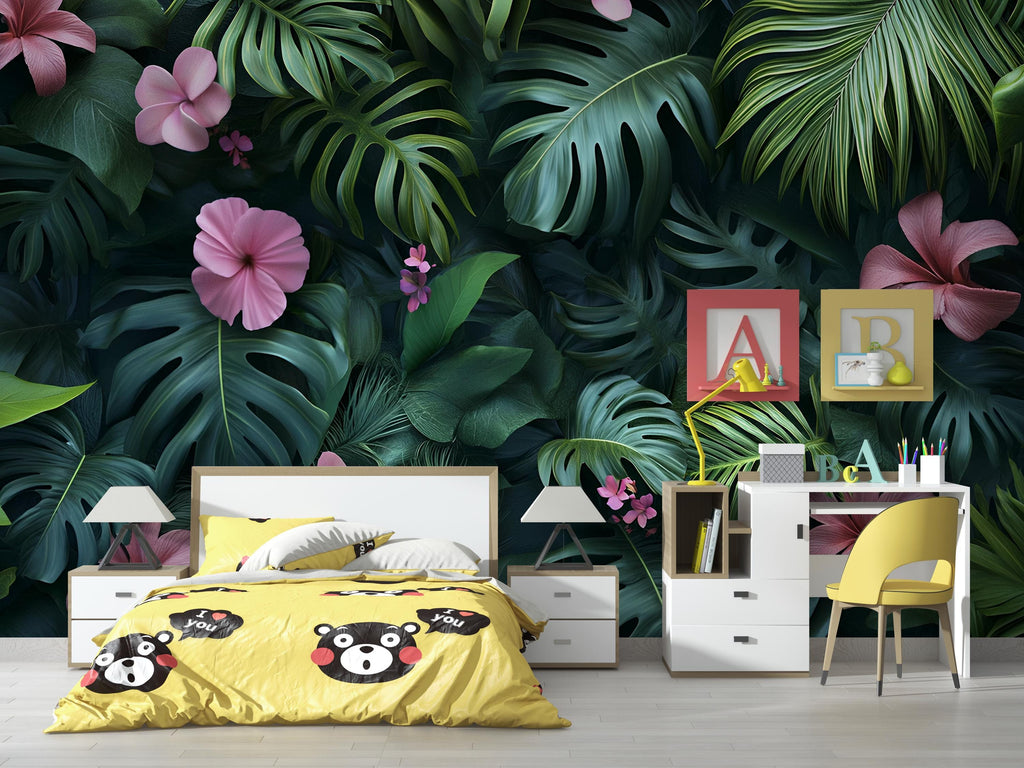 3D Texture Tropical Jungle Floral Wallpaper – Botanical Leaf Wall Mural – Pink Hibiscus Peel and Stick Wallpaper – Exotic Plant Wall Decor
