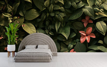 Load image into Gallery viewer, Dark Tropical Leaf Wallpaper – Jungle Botanical Wall Mural with Red Flowers – Lush Green Foliage Peel and Stick Wallpaper – Bedroom Nature