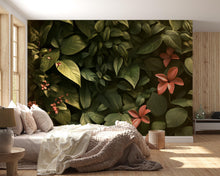 Load image into Gallery viewer, Dark Tropical Leaf Wallpaper – Jungle Botanical Wall Mural with Red Flowers – Lush Green Foliage Peel and Stick Wallpaper – Bedroom Nature