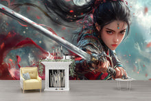 Load image into Gallery viewer, Warrior Woman Wall Mural – Epic Sword Fighter Fantasy Wallpaper, Anime-Style Female Warrior Decor, Peel and Stick Wall Art for Gamers
