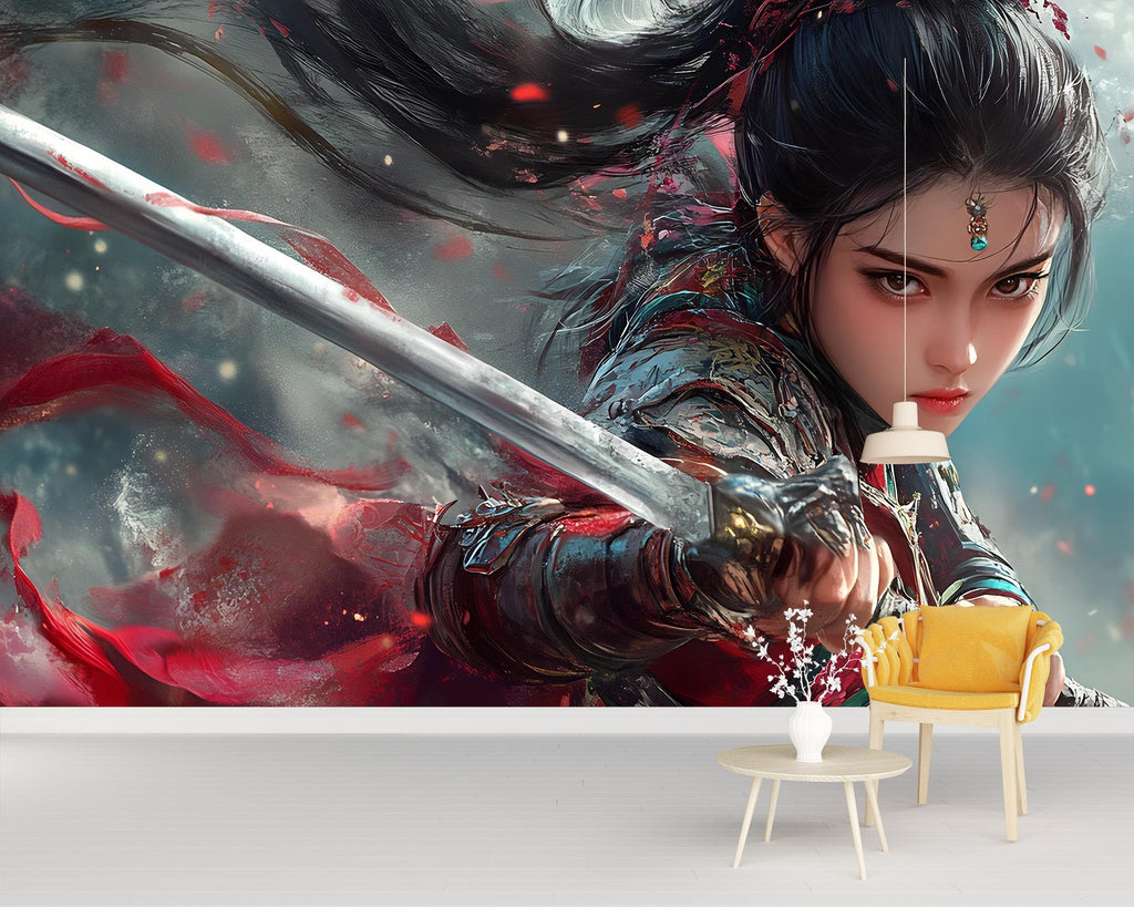 Warrior Woman Wall Mural – Epic Sword Fighter Fantasy Wallpaper, Anime-Style Female Warrior Decor, Peel and Stick Wall Art for Gamers