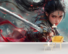 Load image into Gallery viewer, Warrior Woman Wall Mural – Epic Sword Fighter Fantasy Wallpaper, Anime-Style Female Warrior Decor, Peel and Stick Wall Art for Gamers