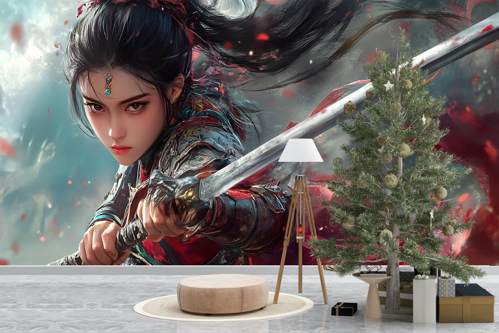 Warrior Woman Wall Mural – Epic Sword Fighter Fantasy Wallpaper, Anime-Style Female Warrior Decor, Peel and Stick Wall Art for Gamers