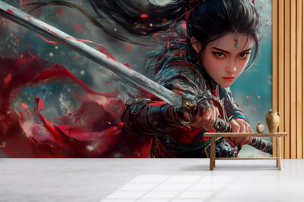 Warrior Woman Wall Mural – Epic Sword Fighter Fantasy Wallpaper, Anime-Style Female Warrior Decor, Peel and Stick Wall Art for Gamers
