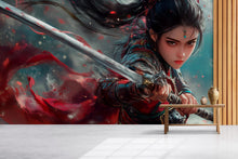 Load image into Gallery viewer, Warrior Woman Wall Mural – Epic Sword Fighter Fantasy Wallpaper, Anime-Style Female Warrior Decor, Peel and Stick Wall Art for Gamers