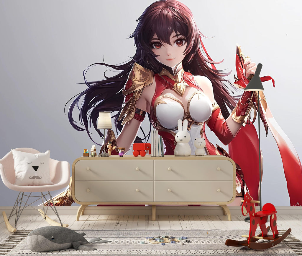 Anime Warrior Girl Wall Mural – Red Armor Fantasy Sword Art, Peel and Stick Mural for Gamers, Anime Bedroom Decor, Manga Heroine Poster
