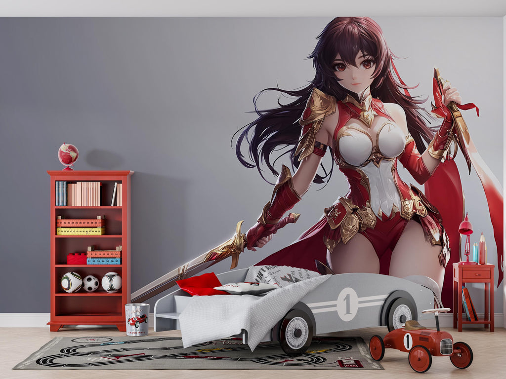 Anime Warrior Girl Wall Mural – Red Armor Fantasy Sword Art, Peel and Stick Mural for Gamers, Anime Bedroom Decor, Manga Heroine Poster
