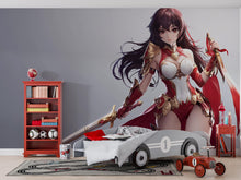 Load image into Gallery viewer, Anime Warrior Girl Wall Mural – Red Armor Fantasy Sword Art, Peel and Stick Mural for Gamers, Anime Bedroom Decor, Manga Heroine Poster