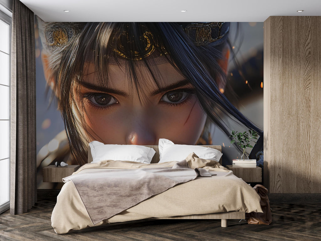 Anime Girl Wall Mural – Warrior Close-Up Portrait Wallpaper, Fantasy Manga Face Art, Peel and Stick Wall Mural for Otaku Bedroom Decor