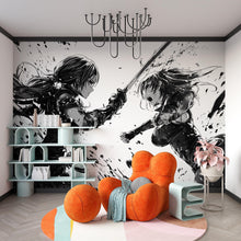 Load image into Gallery viewer, Anime Duel Wall Mural – Monochrome Manga Sword Fight Wallpaper, Black and White Peel &amp; Stick Mural for Gamer or Otaku Room Decor