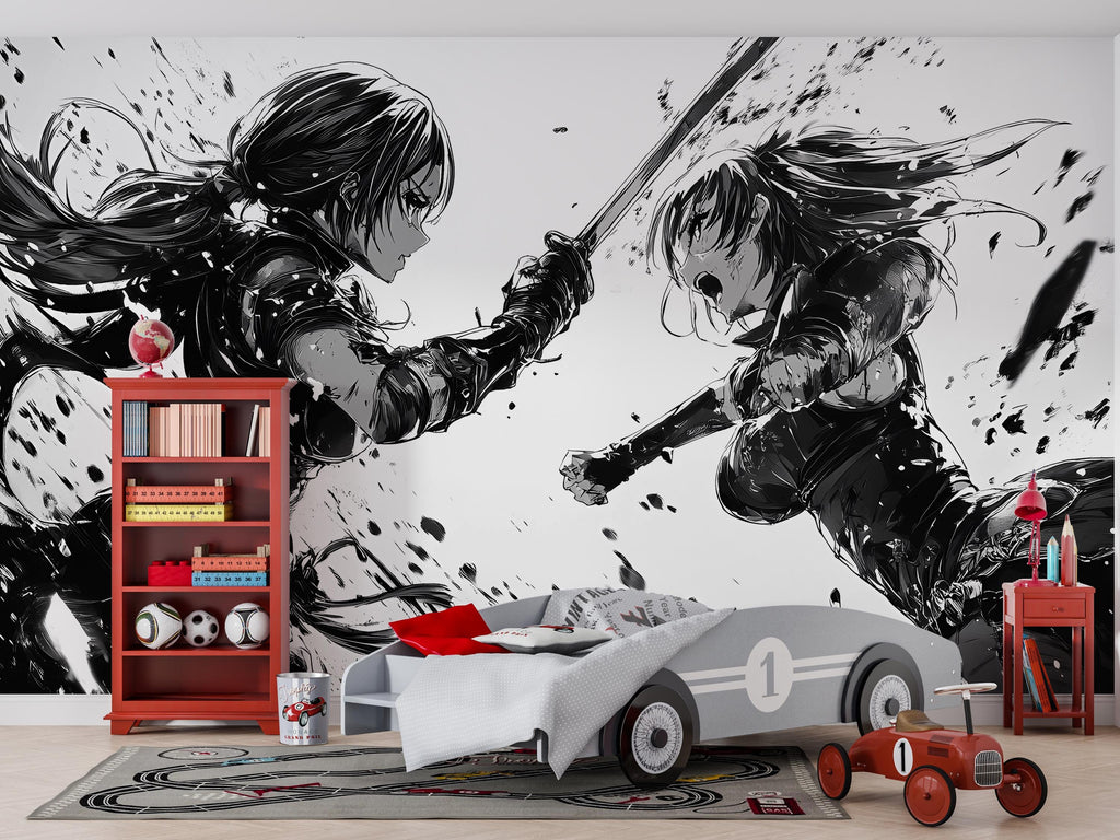 Anime Duel Wall Mural – Monochrome Manga Sword Fight Wallpaper, Black and White Peel & Stick Mural for Gamer or Otaku Room Decor
