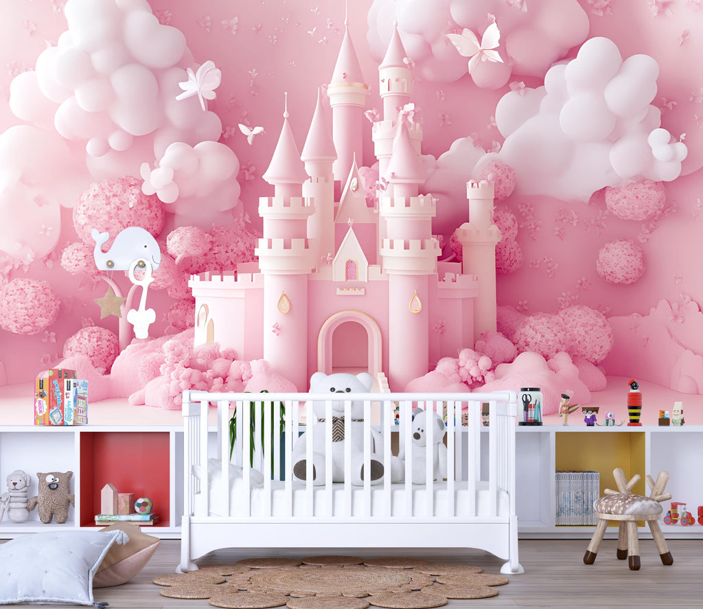3D Pink Castle Wall Mural – Fantasy Nursery Wallpaper for Girls Room, 3D Style Princess Decor, Baby Girl Peel and Stick Wall Art