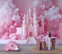 Load image into Gallery viewer, 3D Pink Castle Wall Mural – Fantasy Nursery Wallpaper for Girls Room, 3D Style Princess Decor, Baby Girl Peel and Stick Wall Art