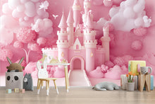 Load image into Gallery viewer, 3D Pink Castle Wall Mural – Fantasy Nursery Wallpaper for Girls Room, 3D Style Princess Decor, Baby Girl Peel and Stick Wall Art