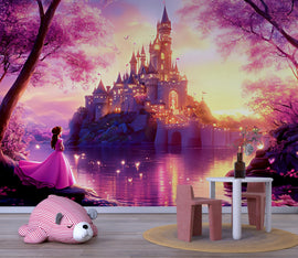 Fairytale Castle Wall Mural – Sunset Princess Wallpaper for Girls Room or Nursery, Peel and Stick Fantasy Wall Art, Magical Room Decor