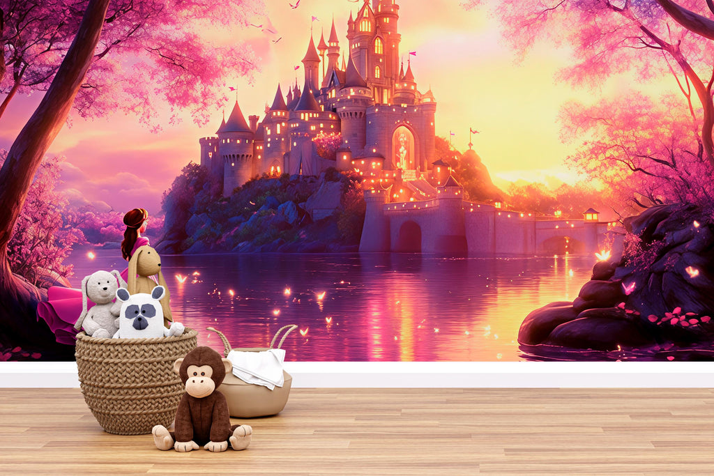 Fairytale Castle Wall Mural – Sunset Princess Wallpaper for Girls Room or Nursery, Peel and Stick Fantasy Wall Art, Magical Room Decor