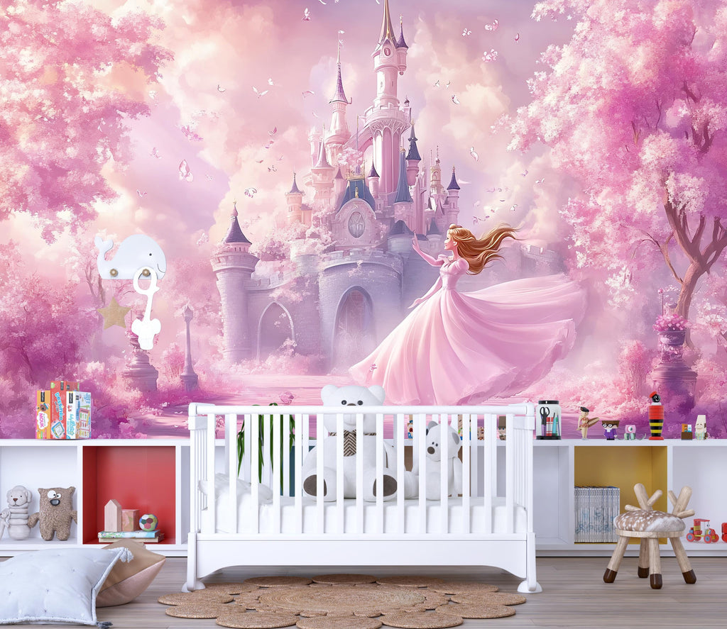 Fairytale Princess Castle Wall Mural – Soft Pink Nursery Wallpaper, Peel and Stick Princess Room Decor, Girls Bedroom Fantasy Wall Art