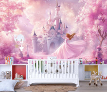 Load image into Gallery viewer, Fairytale Princess Castle Wall Mural – Soft Pink Nursery Wallpaper, Peel and Stick Princess Room Decor, Girls Bedroom Fantasy Wall Art