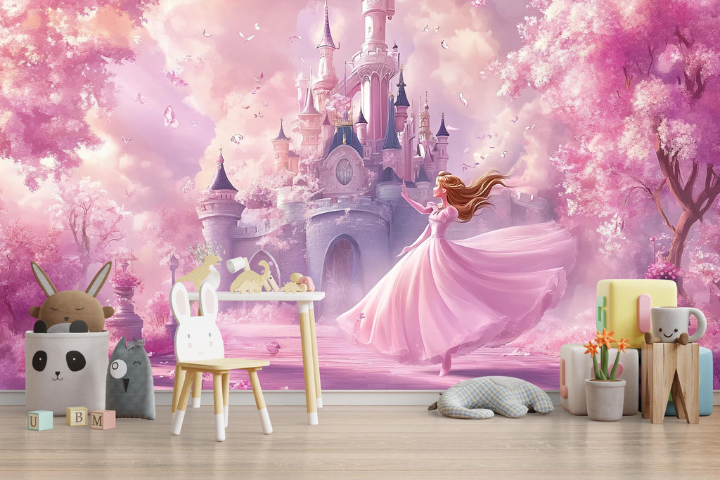 Fairytale Princess Castle Wall Mural – Soft Pink Nursery Wallpaper, Peel and Stick Princess Room Decor, Girls Bedroom Fantasy Wall Art