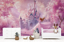 Load image into Gallery viewer, Fairytale Princess Castle Wall Mural – Soft Pink Nursery Wallpaper, Peel and Stick Princess Room Decor, Girls Bedroom Fantasy Wall Art