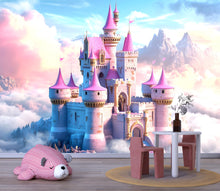 Load image into Gallery viewer, Pink Castle Wall Mural – Fantasy Clouds Wallpaper for Girls Room or Nursery, Dreamy Princess Castle Art, Peel and Stick Kids Wall Decor