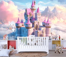 Load image into Gallery viewer, Pink Castle Wall Mural – Fantasy Clouds Wallpaper for Girls Room or Nursery, Dreamy Princess Castle Art, Peel and Stick Kids Wall Decor