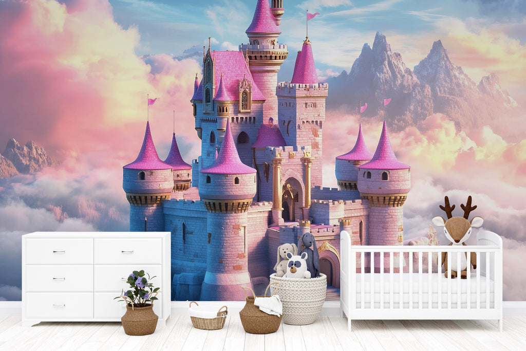 Pink Castle Wall Mural – Fantasy Clouds Wallpaper for Girls Room or Nursery, Dreamy Princess Castle Art, Peel and Stick Kids Wall Decor