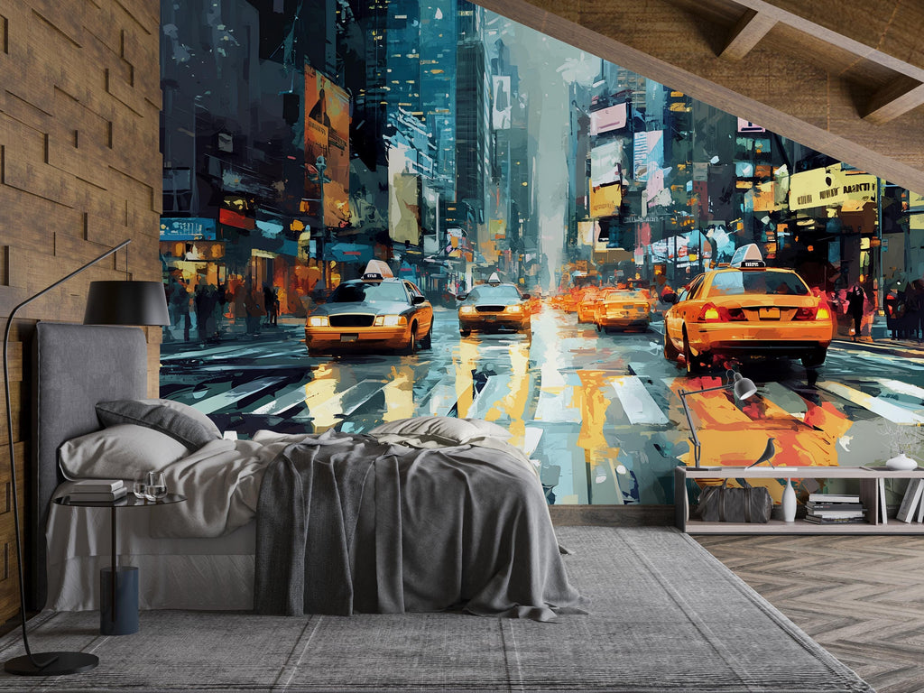 NYC Street Wall Mural – Times Square Taxi Cityscape Wallpaper, Urban New York Decor, Modern Peel and Stick Wall Art for Bedroom or Office