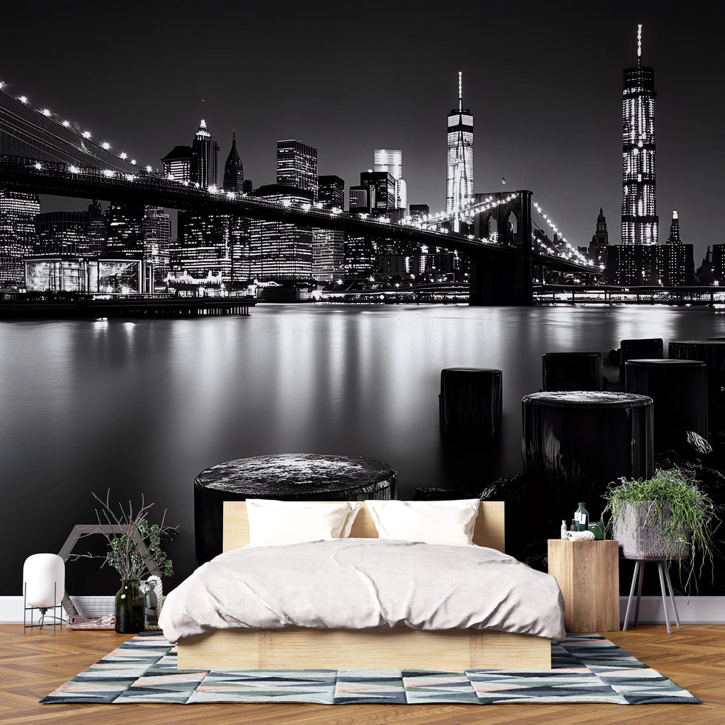 Black & White NYC Skyline Wall Mural – Brooklyn Bridge Cityscape Wallpaper, Modern New York Decor, Peel and Stick Urban Wall Art