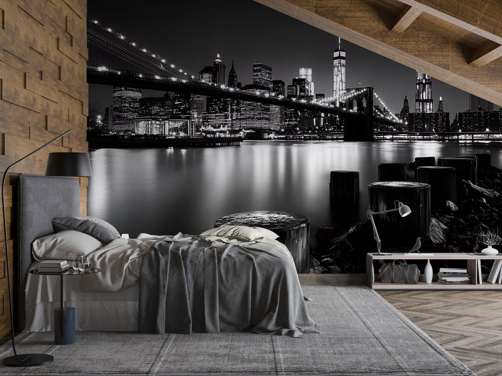 Black & White NYC Skyline Wall Mural – Brooklyn Bridge Cityscape Wallpaper, Modern New York Decor, Peel and Stick Urban Wall Art