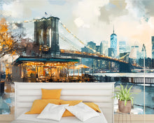 Load image into Gallery viewer, Brooklyn Bridge NYC Wall Mural – Painted New York Skyline Wallpaper, Urban Café Cityscape, Peel and Stick Modern Loft Wall Art