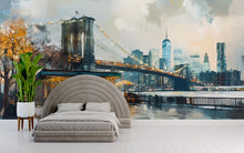 Load image into Gallery viewer, Brooklyn Bridge NYC Wall Mural – Painted New York Skyline Wallpaper, Urban Café Cityscape, Peel and Stick Modern Loft Wall Art