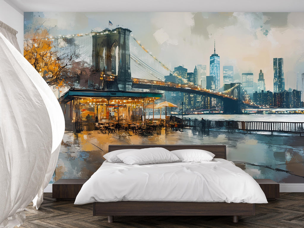 Brooklyn Bridge NYC Wall Mural – Painted New York Skyline Wallpaper, Urban Café Cityscape, Peel and Stick Modern Loft Wall Art