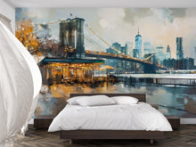 Load image into Gallery viewer, Brooklyn Bridge NYC Wall Mural – Painted New York Skyline Wallpaper, Urban Café Cityscape, Peel and Stick Modern Loft Wall Art
