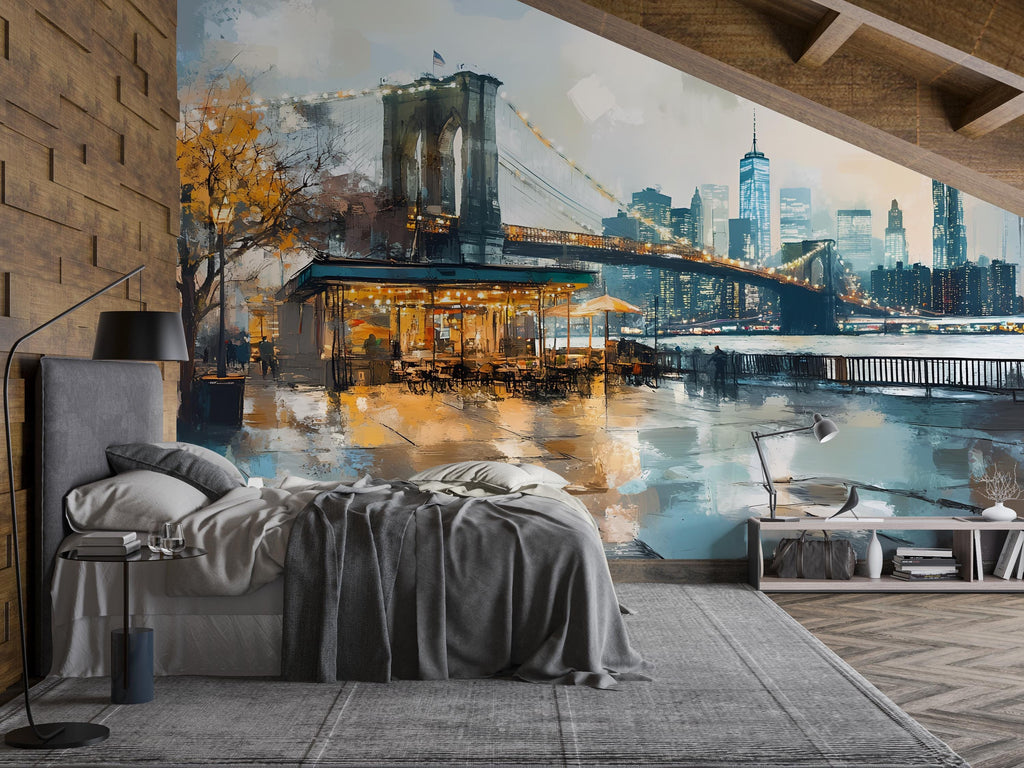 Brooklyn Bridge NYC Wall Mural – Painted New York Skyline Wallpaper, Urban Café Cityscape, Peel and Stick Modern Loft Wall Art