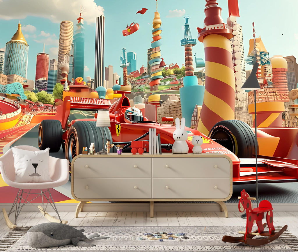 Race Car Wall Mural – Formula 1 Track Wallpaper for Kids Room, Bold Racing Theme Peel and Stick Mural, Sports Car Nursery Decor