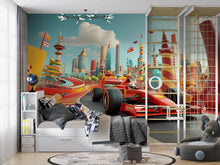 Load image into Gallery viewer, Race Car Wall Mural – Formula 1 Track Wallpaper for Kids Room, Bold Racing Theme Peel and Stick Mural, Sports Car Nursery Decor