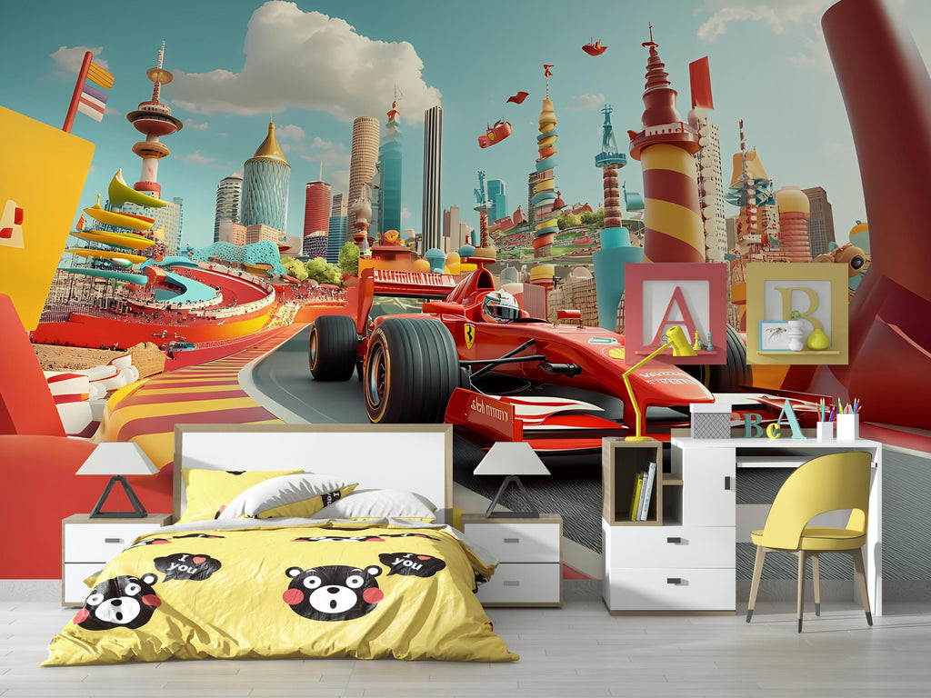 Race Car Wall Mural – Formula 1 Track Wallpaper for Kids Room, Bold Racing Theme Peel and Stick Mural, Sports Car Nursery Decor