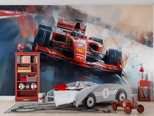 Load image into Gallery viewer, Formula 1 Wall Mural – Painted Racing Car Wallpaper, Red F1 Action Mural for Boys Room or Garage, Peel and Stick Sports Wall Art