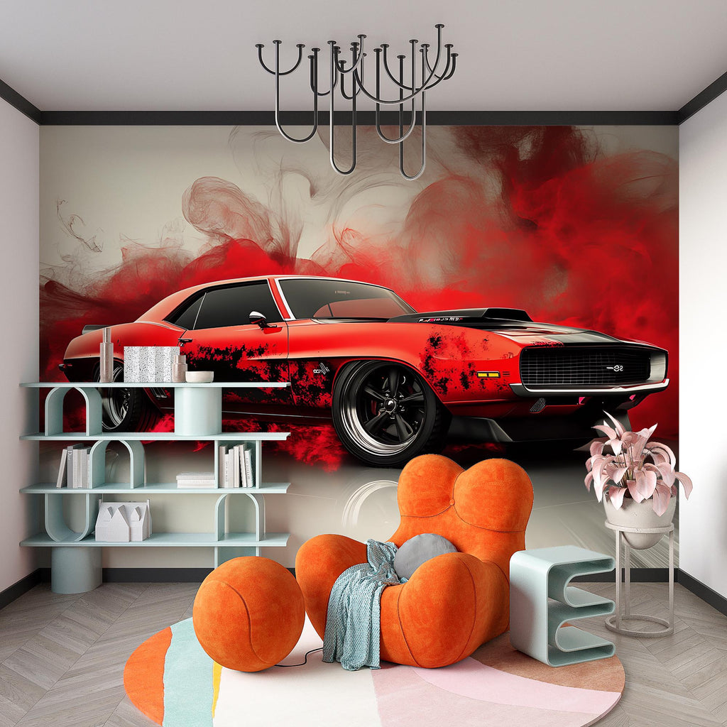 Red Muscle Car Wall Mural – Burnout Smoke Effect Wallpaper, Peel and Stick Garage Decor, Bold Car Mural for Boys Room or Auto Shop