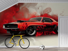 Load image into Gallery viewer, Red Muscle Car Wall Mural – Burnout Smoke Effect Wallpaper, Peel and Stick Garage Decor, Bold Car Mural for Boys Room or Auto Shop