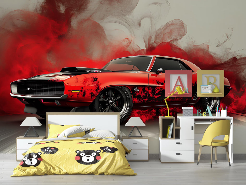 Red Muscle Car Wall Mural – Burnout Smoke Effect Wallpaper, Peel and Stick Garage Decor, Bold Car Mural for Boys Room or Auto Shop