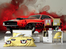 Load image into Gallery viewer, Red Muscle Car Wall Mural – Burnout Smoke Effect Wallpaper, Peel and Stick Garage Decor, Bold Car Mural for Boys Room or Auto Shop