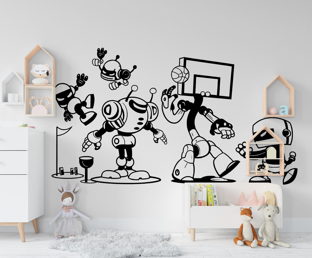 Robots Playing Sports Wall Decal – Fun Robot Wall Art for Kids Room, Playroom Decor, Nursery Wall Sticker – Basketball, Golf & More 667LU