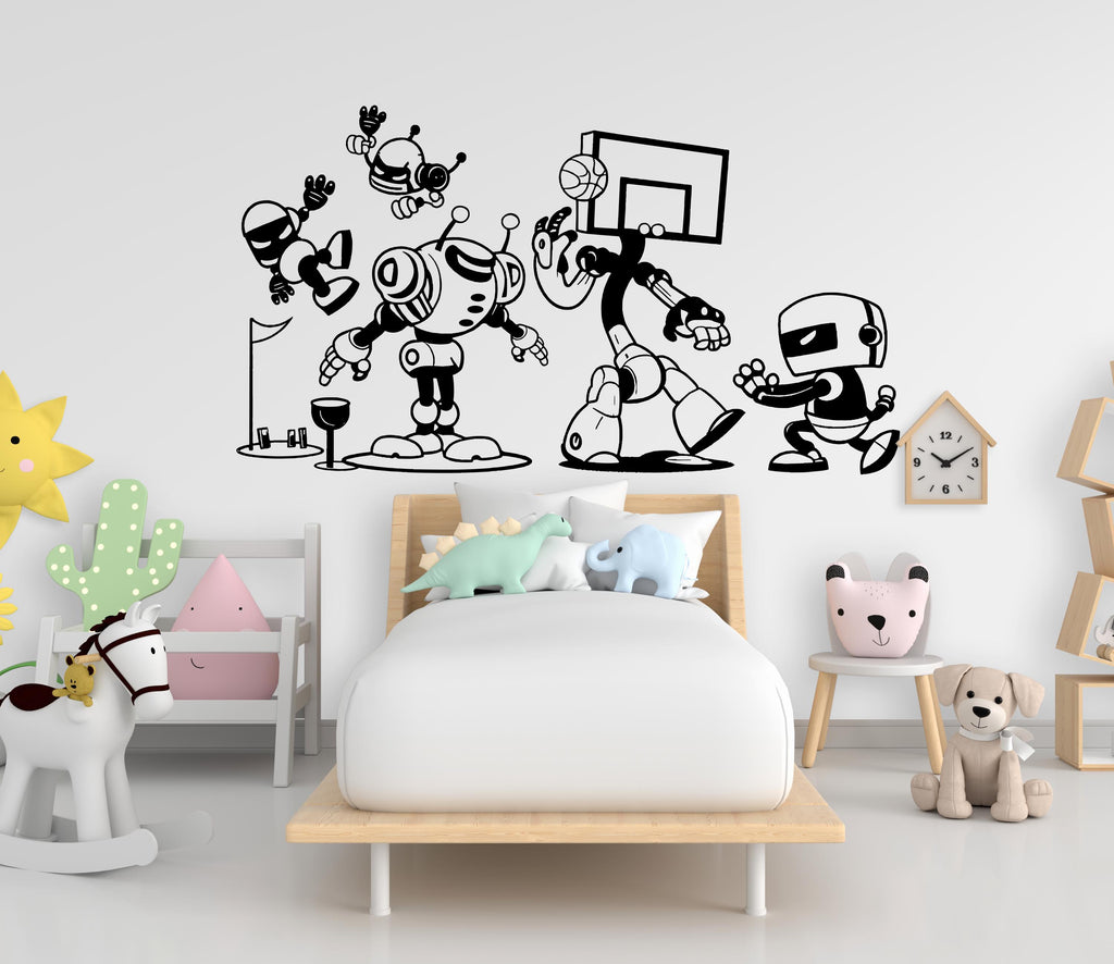 Robots Playing Sports Wall Decal – Fun Robot Wall Art for Kids Room, Playroom Decor, Nursery Wall Sticker – Basketball, Golf & More 667LU