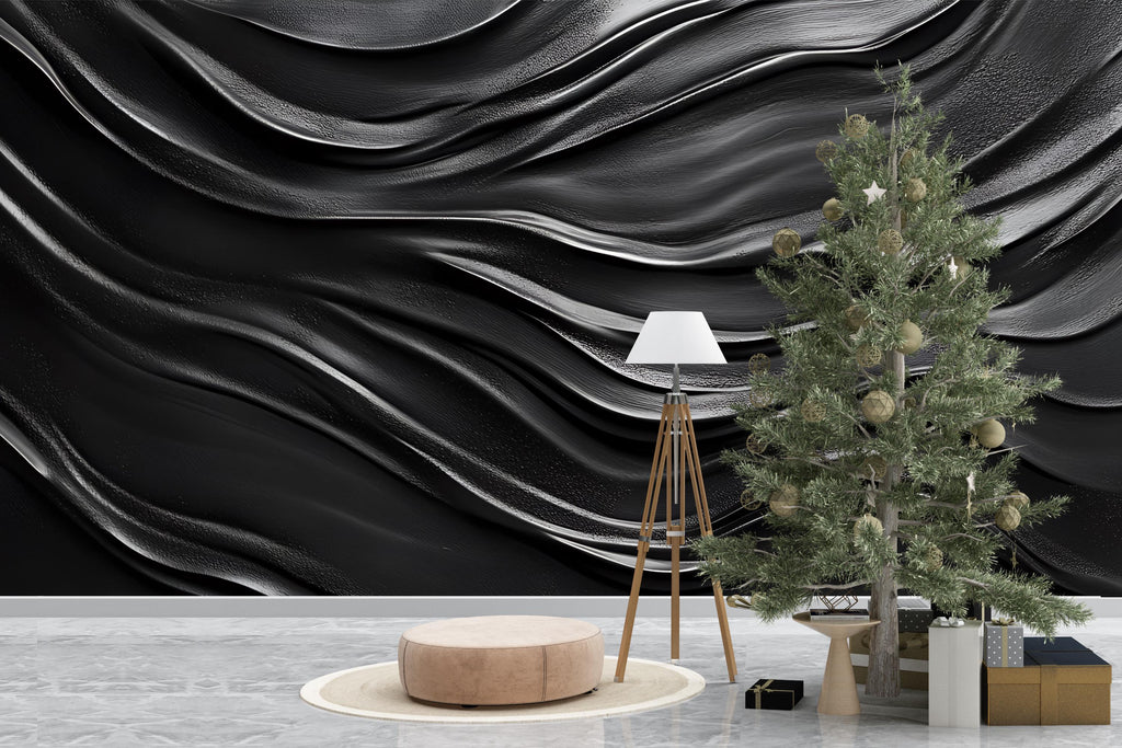 Black Wavy 3D Wall Mural – Modern Abstract Texture Wallpaper – Dark Fluid Design Peel and Stick Wall Art – Luxury Accent Wall Décor