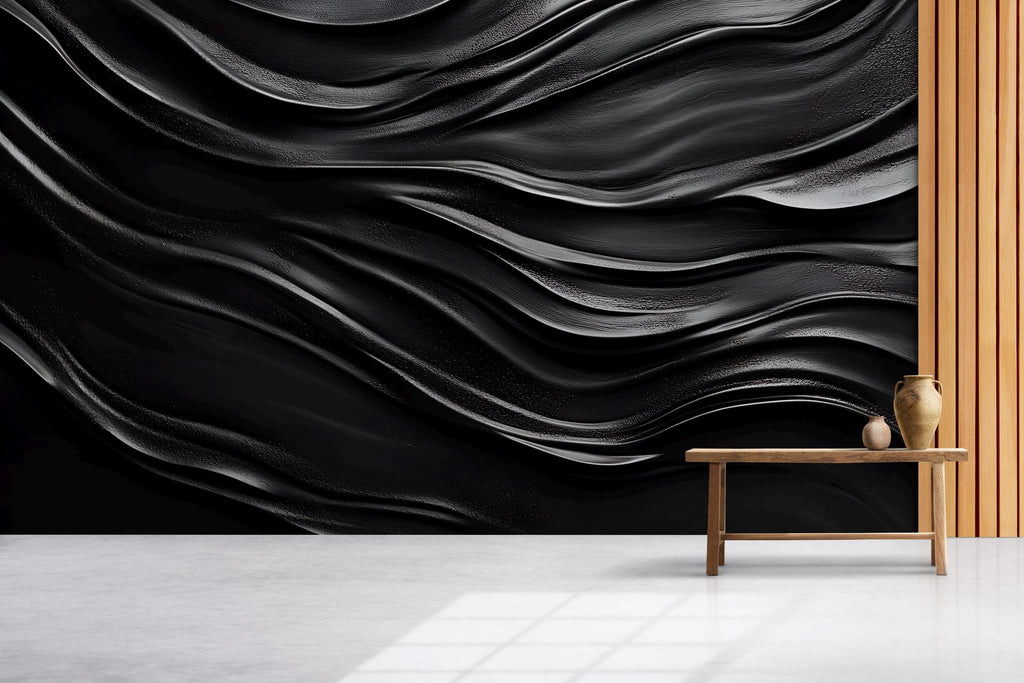 Black Wavy 3D Wall Mural – Modern Abstract Texture Wallpaper – Dark Fluid Design Peel and Stick Wall Art – Luxury Accent Wall Décor