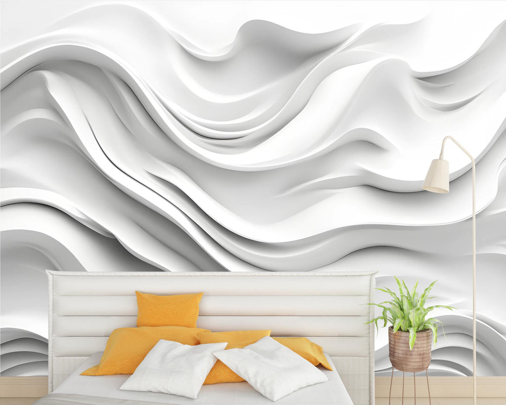 White Wavy 3D Wall Mural – Modern Minimalist Texture Wallpaper – Sculpted Abstract Wave Design – Peel and Stick Accent Wall for Bedroom