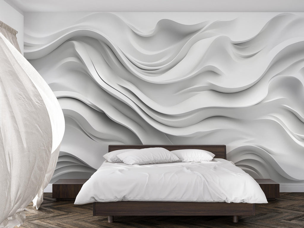 White Wavy 3D Wall Mural – Modern Minimalist Texture Wallpaper – Sculpted Abstract Wave Design – Peel and Stick Accent Wall for Bedroom